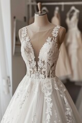 Fototapeta na wymiar A wedding dress displayed on a mannequin in a bridal shop. Ideal for showcasing bridal fashion.