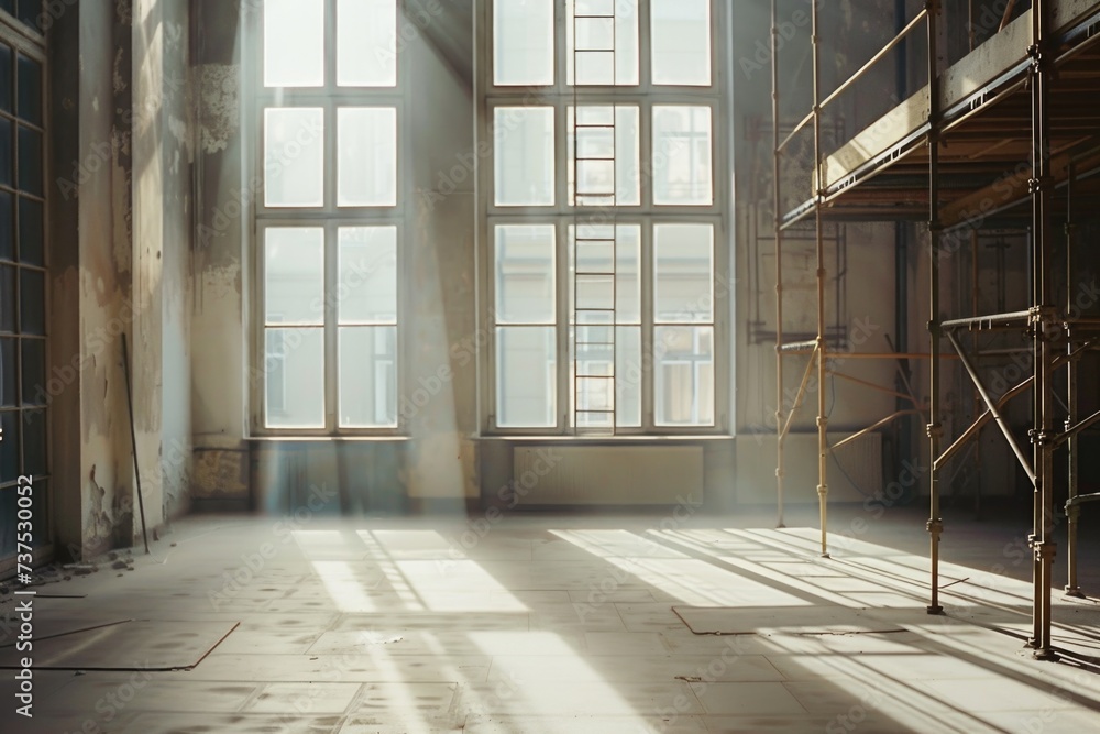 Poster An empty room with scaffolding and a large window. This versatile image can be used to depict construction, renovation, or the potential for a new beginning