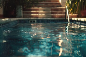 A picture of a pool with steps leading up to it. This image can be used to depict a serene and inviting swimming pool
