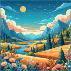 Gardinen Beautiful landscape with trees and lake. Vector illustration in animated style   © MdJahangir