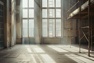 An empty room with scaffolding and a large window. This versatile image can be used to depict construction, renovation, or the potential for a new beginning