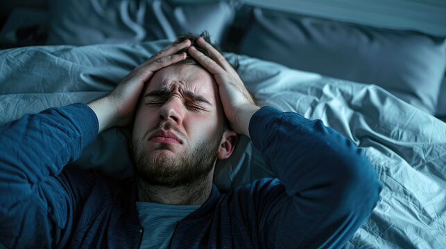 Insomnia at night. A man with a headache because can not sleep