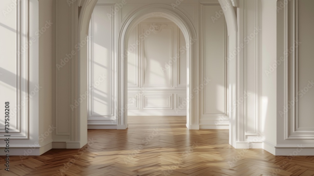 Poster a simple and clean empty room with white walls and wood floors. suitable for various interior design
