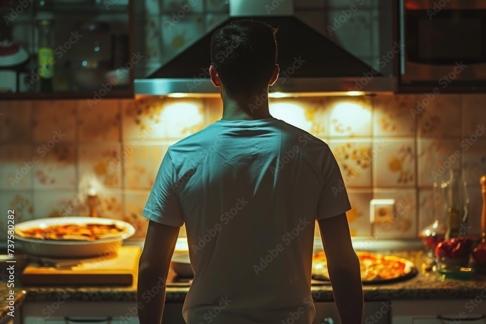 Poster a man standing in front of a stove in a kitchen. suitable for various cooking and culinary themes