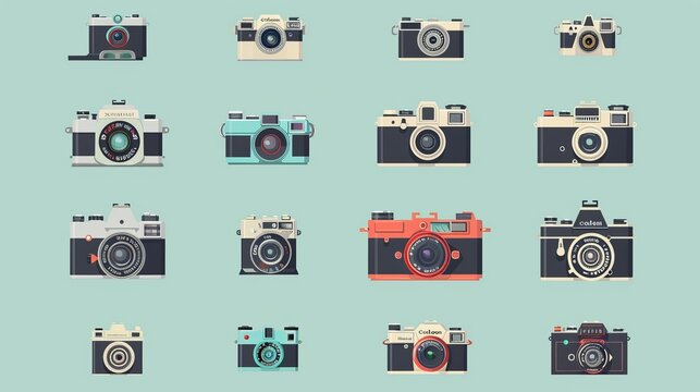 A set of retro cameras depicted in a flat style, available in vector format