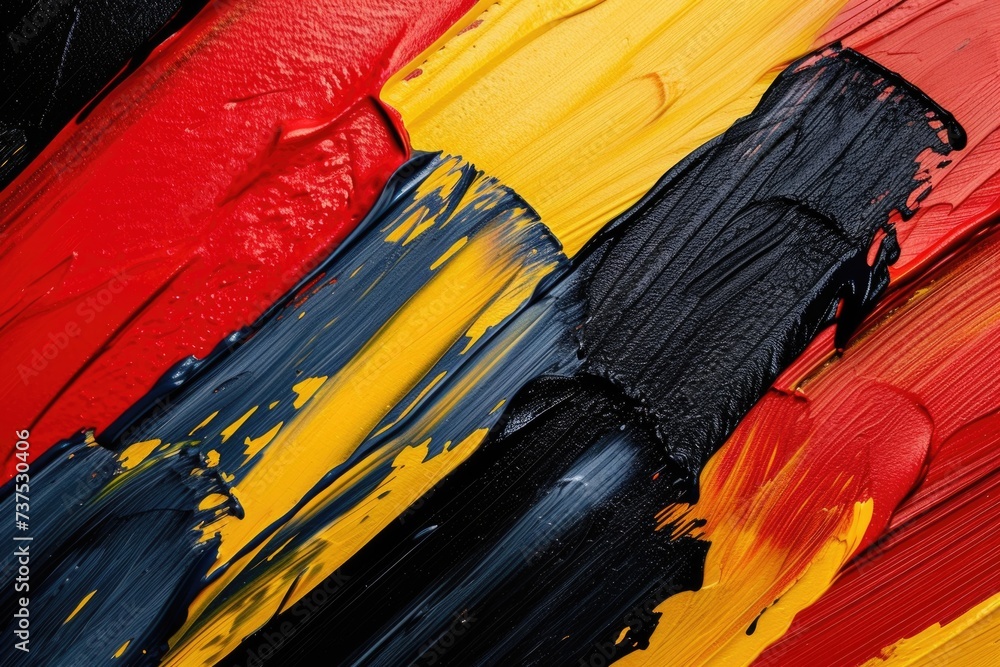 Poster a detailed view of a painting featuring red, yellow, and black colors. this image can be used for va