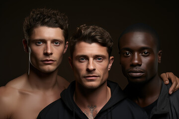 Obraz premium Three men standing in close proximity to each other, posing for the camera.