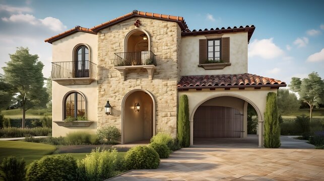 tuscan exterior house design, tuscan style, house, exterior design photography, daytime, 4k, hyperrealistic