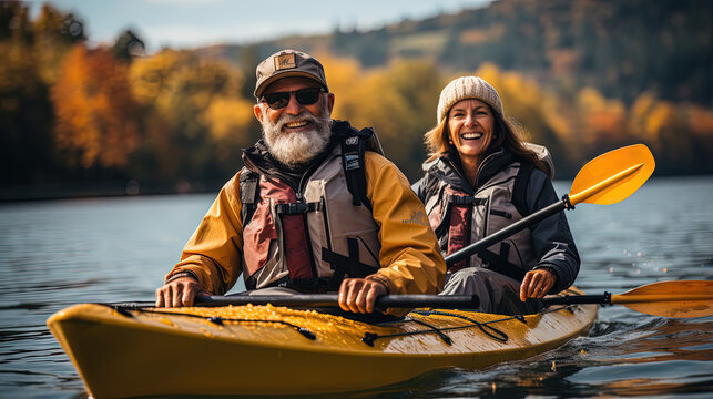 Senior man and woman are kayaking together on a lake, enjoying the tranquil waters and the surrounding scenery.