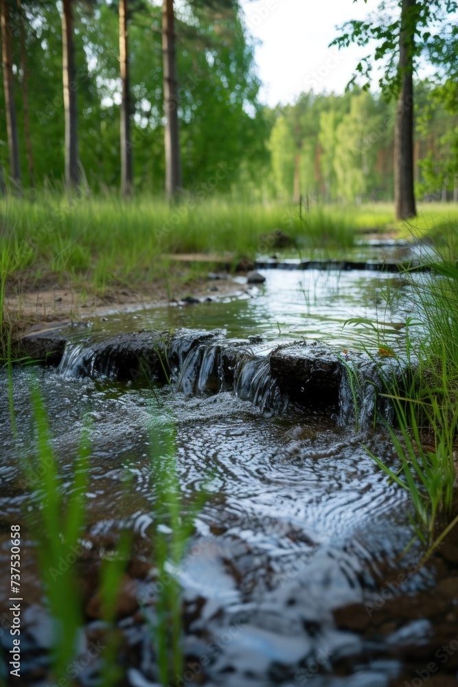 Poster A beautiful image capturing a serene stream flowing through a vibrant and lush green forest. Ideal for nature-themed projects and designs