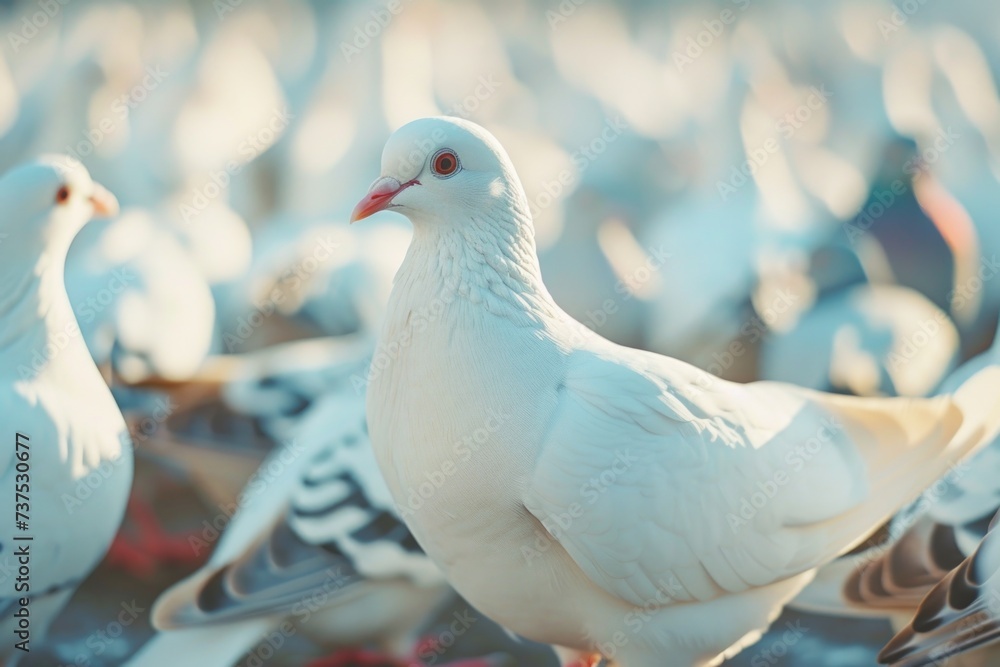 Poster a group of white pigeons standing in close proximity to each other. suitable for various uses