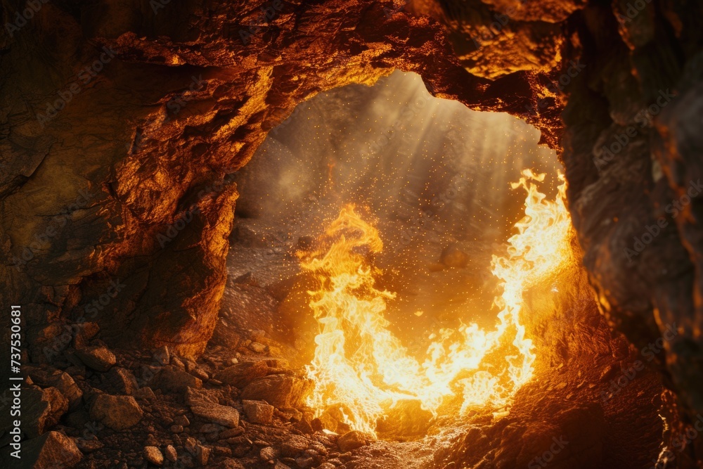 Poster A mysterious cave with a mesmerizing fire burning inside. Perfect for adding an element of intrigue and adventure to any project