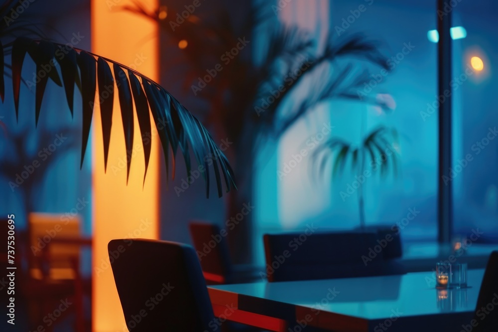 Poster a dimly lit room with a table and chairs. perfect for creating a cozy atmosphere.