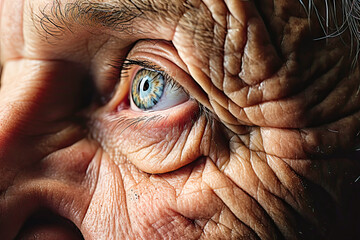 close-up macro shot of a ninety-year-old man with wrinkles close-up