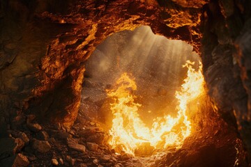 A mysterious cave with a mesmerizing fire burning inside. Perfect for adding an element of intrigue and adventure to any project