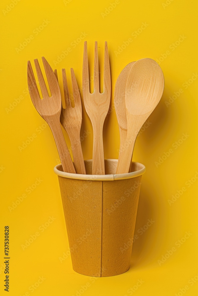 Poster Wooden utensils neatly placed in a paper cup against a vibrant yellow background. Perfect for adding a touch of rustic charm to your designs or for showcasing eco-friendly dining options.