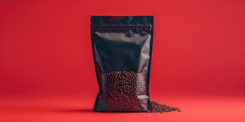Bag of coffee beans on a vibrant red background. Perfect for coffee shop promotions or advertisements