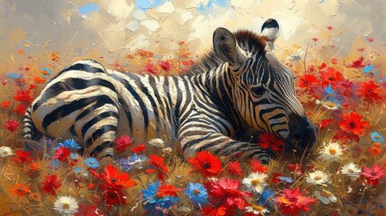 a painting of a zebra laying down in a field of red, white, blue, and yellow wildflowers.