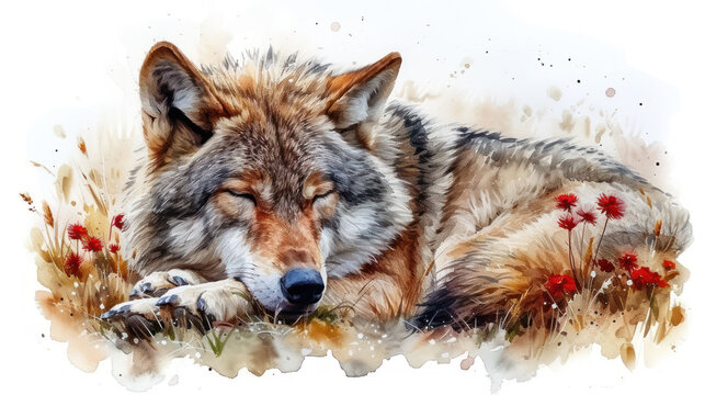a painting of a wolf laying down in a field of wildflowers with its eyes closed and eyes closed.