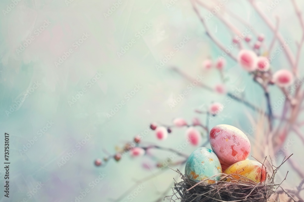 Aufkleber a nest with three eggs sitting on top of a tree. suitable for nature and wildlife themes