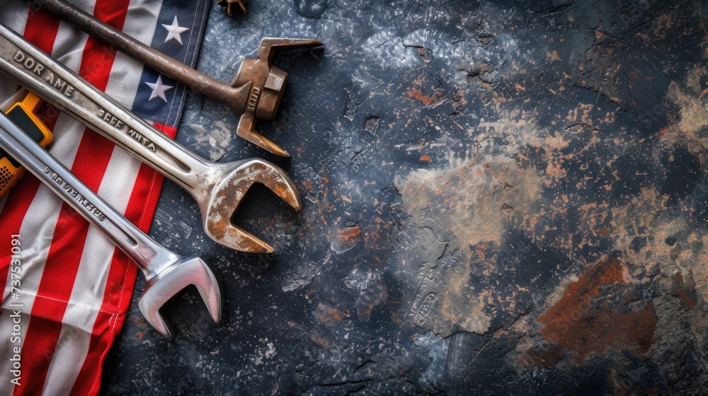 Poster a collection of tools resting on top of an american flag. perfect for patriotic themes and diy proje