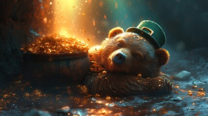 a brown teddy bear laying on its back next to a pot of gold coins and a green hat on its head. - obrazy, fototapety, plakaty