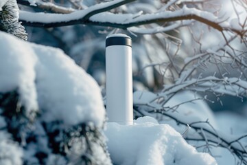 Snow covered tree with a white water bottle sitting on top. Suitable for winter outdoor activities or eco-friendly concepts