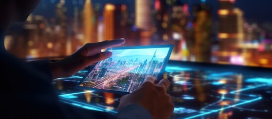 someone touches a tablet with a hologram of a building