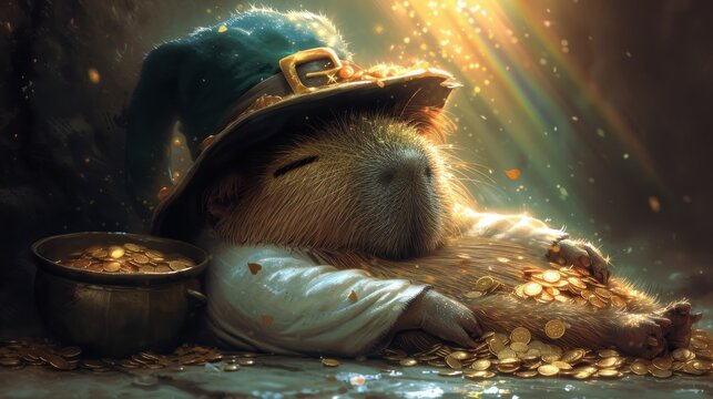a painting of a guinea pig wearing a hat and holding a pot of gold coins while laying on a pile of gold coins.