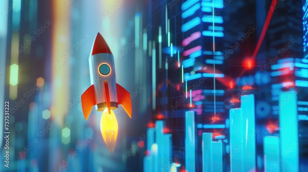Poster a rocket soaring through the sky above a bustling city. perfect for illustrating technological advan