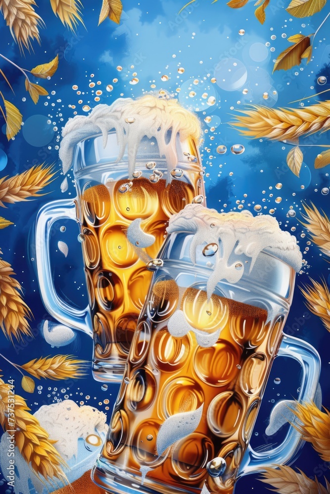 Poster two mugs of beer sitting on top of a table. perfect for pub and bar scenes