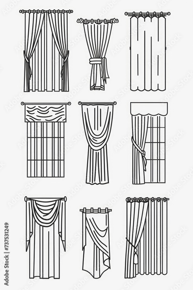 Aufkleber A drawing showcasing different types of curtains and drapes. This versatile image can be used for interior design projects or as a visual reference for curtain styles