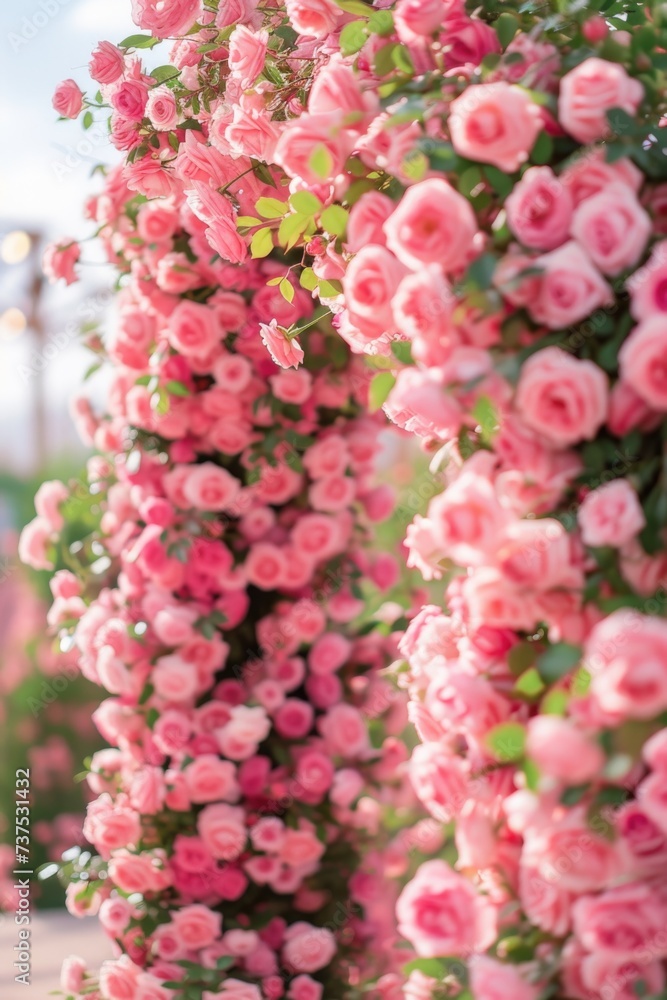 Poster a beautiful bunch of pink roses growing on a wall. perfect for adding a touch of nature and elegance