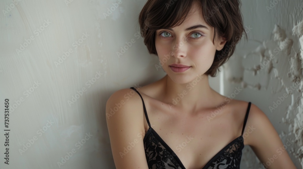 Poster a woman in a black bra top is seen leaning against a wall. this versatile image can be used in vario