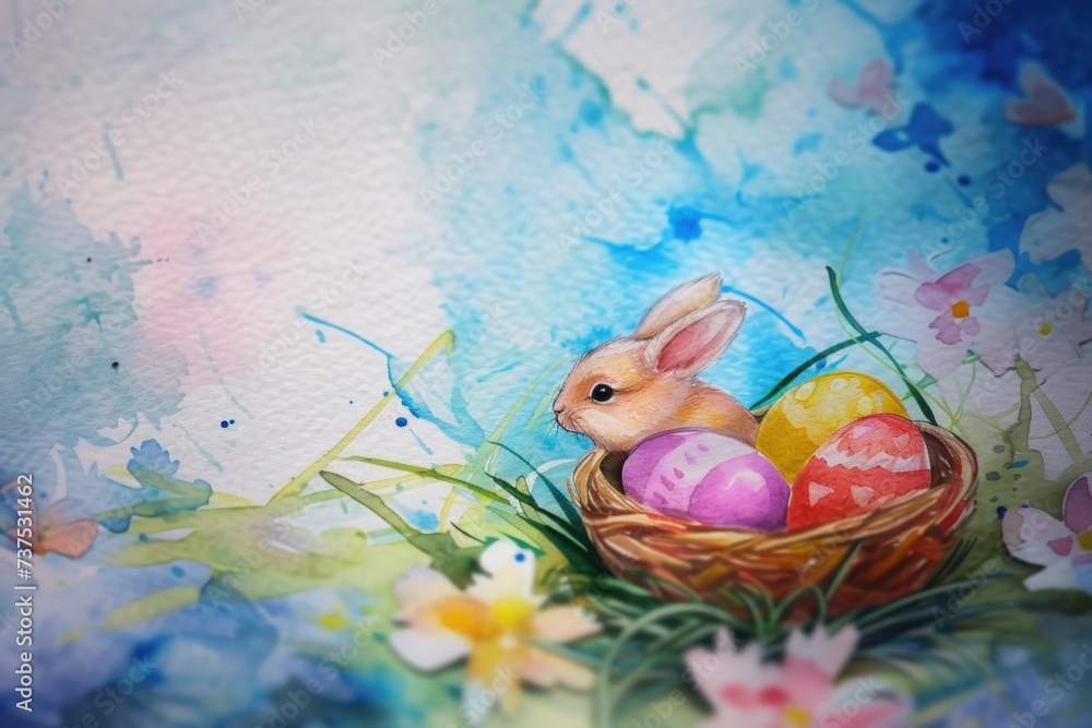 Sticker A painting of a bunny sitting in a basket surrounded by colorful eggs. Perfect for Easter-themed designs and decorations