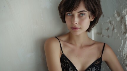 A woman in a black bra top is seen leaning against a wall. This versatile image can be used in various contexts