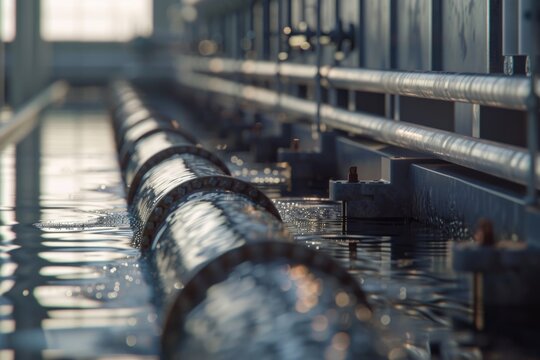 A picture of a long pipe with water flowing out of it. This image can be used to represent plumbing, water supply, or irrigation systems