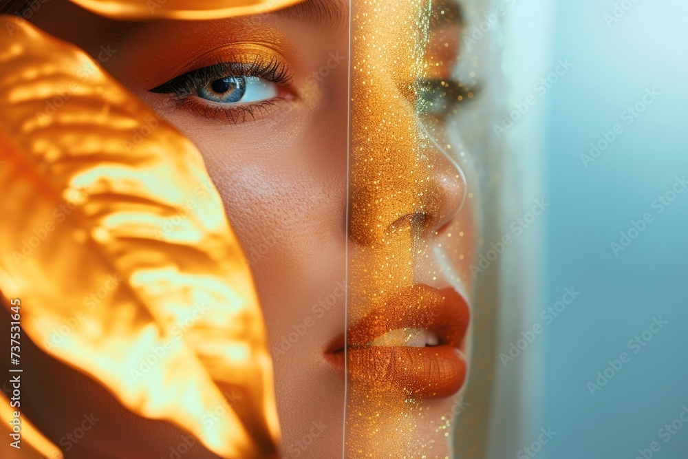 Poster close-up view of a woman's face with a delicate gold leaf. perfect for adding a touch of elegance an