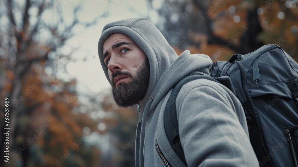 Poster a man with a beard wearing a hoodie. suitable for various contexts