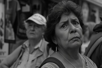 Fototapeta premium A black and white photo of a woman with a concerned expression. This photo can be used to depict worry, anxiety, or uncertainty in various contexts