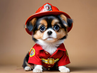 Cute Puppy Dog Dressed in Firefighter Helmet and Jacket