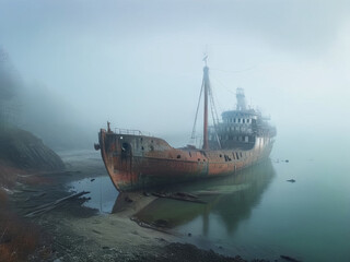 Derelict Rusty Ship Abandoned on Beach Foggy Weather