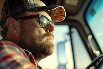 A man wearing a hat and sunglasses driving a truck. Suitable for transportation and travel-related themes