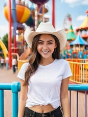 Woman in Cowboy Hat and White T-Shirt Standing in an Amusement Park