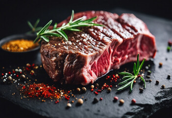 Medium rare steak Fresh raw marbled beef rib eye steak and spices on black stone background copy space