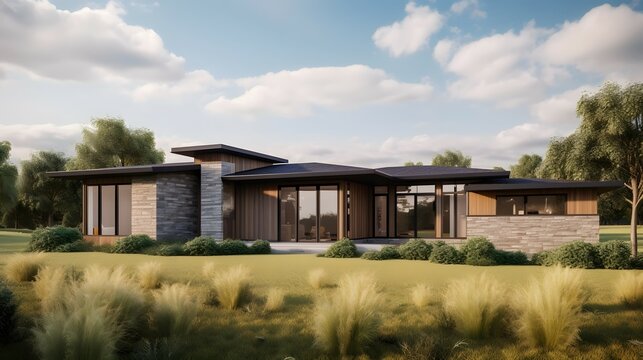 prairie exterior house design, prairie style, house, exterior design photography, daytime, 4k, hyperrealistic