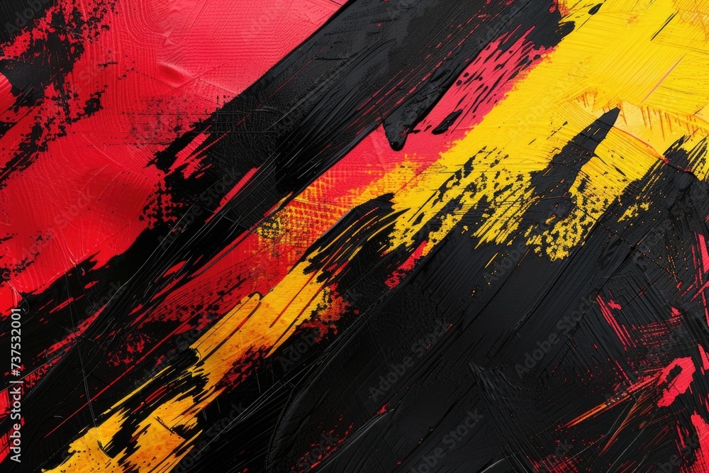 Poster A close-up view of a painting featuring vibrant red, yellow, and black paint. Perfect for adding a pop of color to any project or design