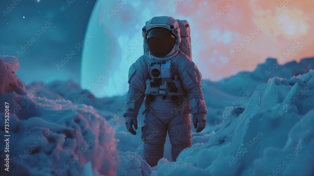 Aufkleber A man dressed in a space suit is seen walking through a desolate and empty area. This image can be used to depict exploration, science fiction, or the concept of solitude