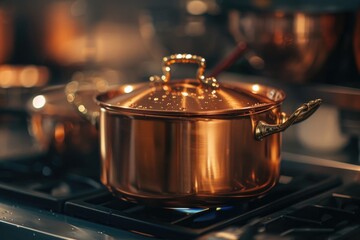 A copper pot sits atop a stove, ready to be used for cooking. This versatile image can be used to depict culinary skills, home cooking, kitchen essentials, or the joy of preparing a delicious meal
