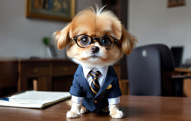 Cute Puppy Dog Wearing a Blue Business Suit and Tie, Black Rim Glasses in an Office